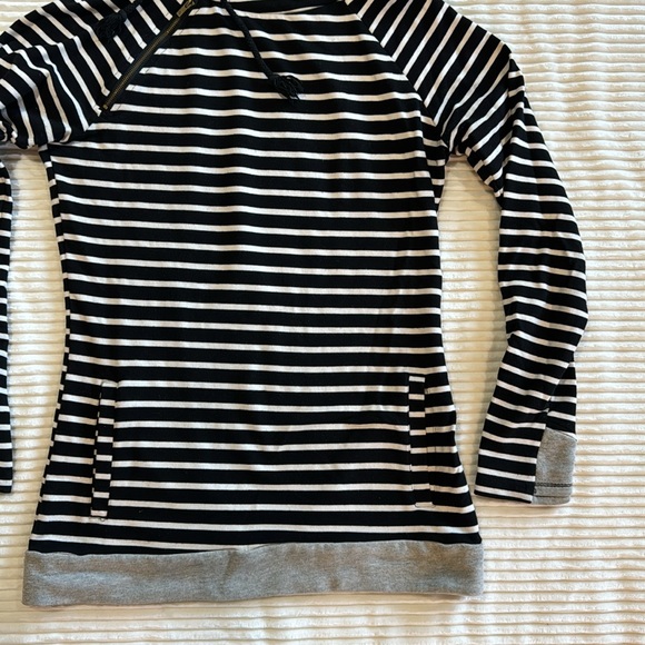 Ampersand Double Hoodie Black White Gray Stripe Baseball Style Tunic Sweatshirt - Picture 4 of 13